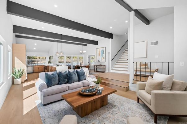 Dining room, Interior, Living room, Pendant Lights, Recessed Lighting, Wooden Beams, Wood Texture Flooring