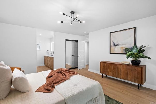 Bedroom, Interior, Pendant Lights, Recessed Lighting, Wood Texture Flooring
