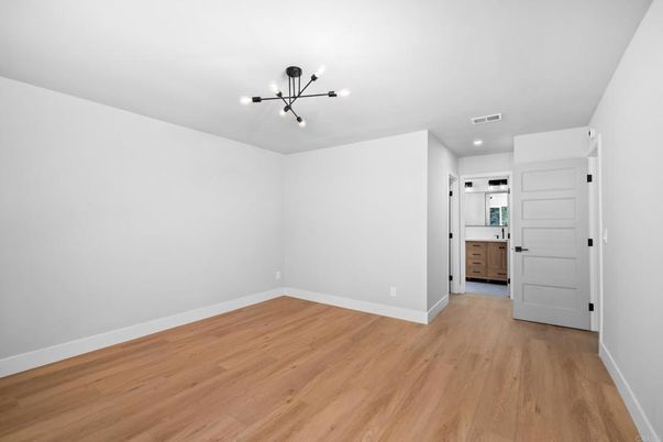 Empty room, Interior, Pendant Lights, Recessed Lighting, Wood Texture Flooring