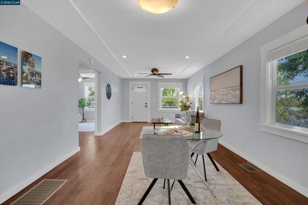 Dining room, Interior, Recessed Lighting, Wood Texture Flooring