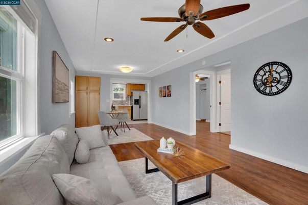 Dining room, Interior, Living room, Recessed Lighting, Wood Texture Flooring