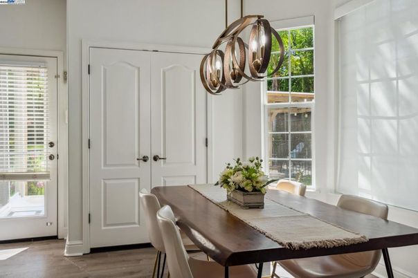 Chandelier, Dining room, Interior, Wood Texture Flooring
