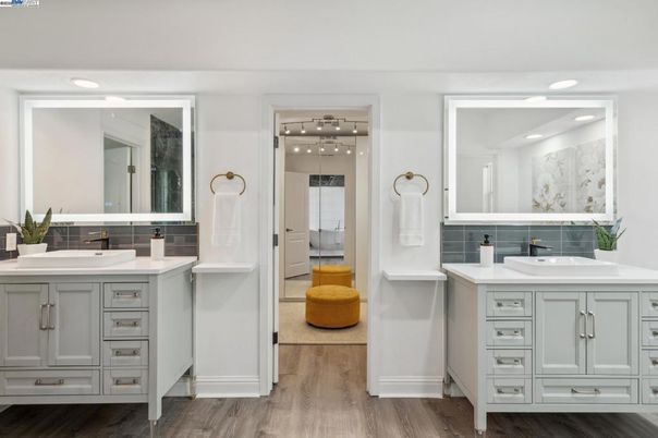 Bathroom, Dual Sink Vanities, Interior, Recessed Lighting, Wood Texture Flooring
