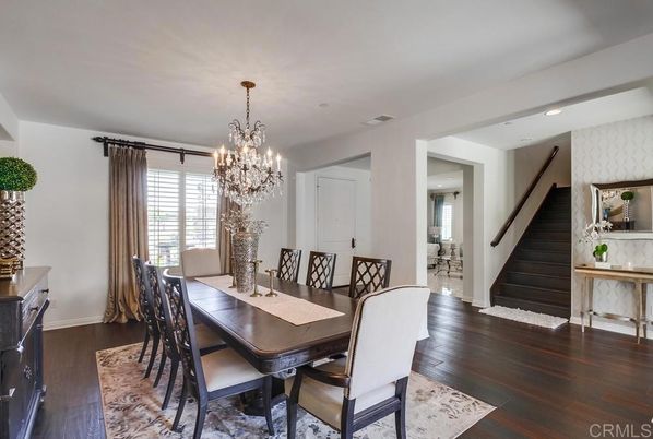 Chandelier, Dining room, Interior, Recessed Lighting, Wood Texture Flooring