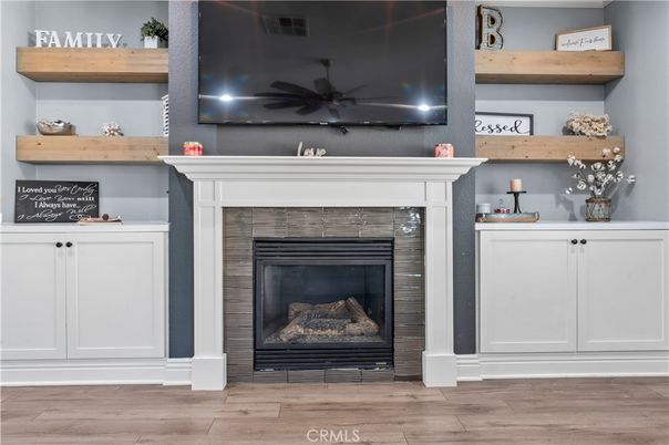 Fireplace, Interior, Recessed Lighting, Wood Texture Flooring