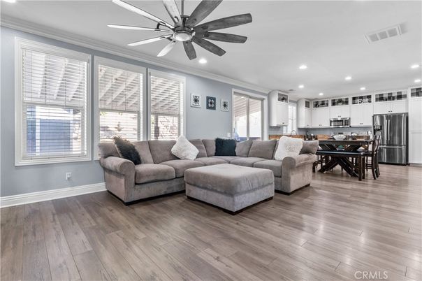 Dining room, Interior, Kitchen, Living room, Recessed Lighting, Stainless Steel Appliances, Wood Texture Flooring