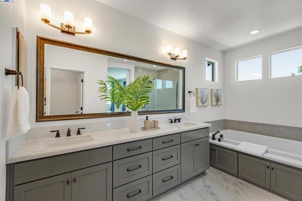 Bathroom, Dual Sink Vanities, Interior, Marble, Recessed Lighting