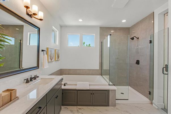 Bathroom, Dual Sink Vanities, Glass Shower, Interior, Marble, Recessed Lighting