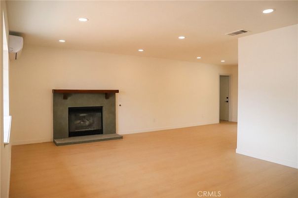 Empty room, Fireplace, Interior, Recessed Lighting, Wood Texture Flooring