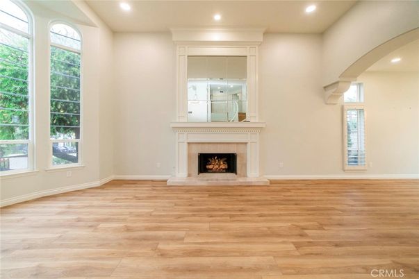 Empty room, Fireplace, Interior, Recessed Lighting, Wood Texture Flooring