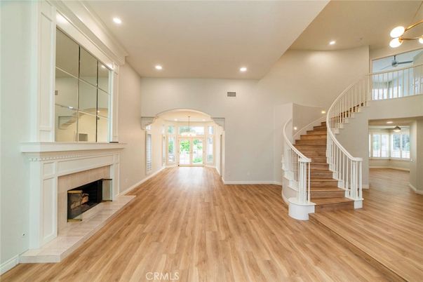 Fireplace, Interior, Pendant Lights, Recessed Lighting, Wood Texture Flooring