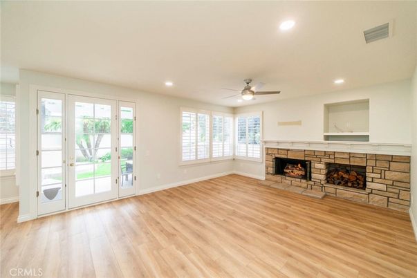Empty room, Fireplace, Interior, Recessed Lighting, Wood Texture Flooring