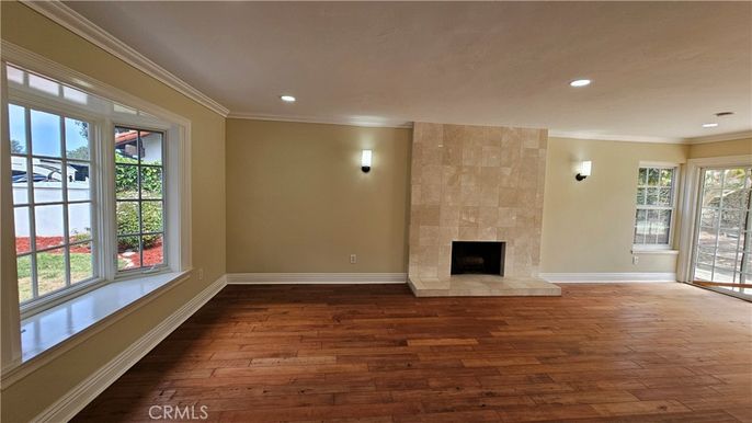 Empty room, Fireplace, Interior, Recessed Lighting, Wood Texture Flooring