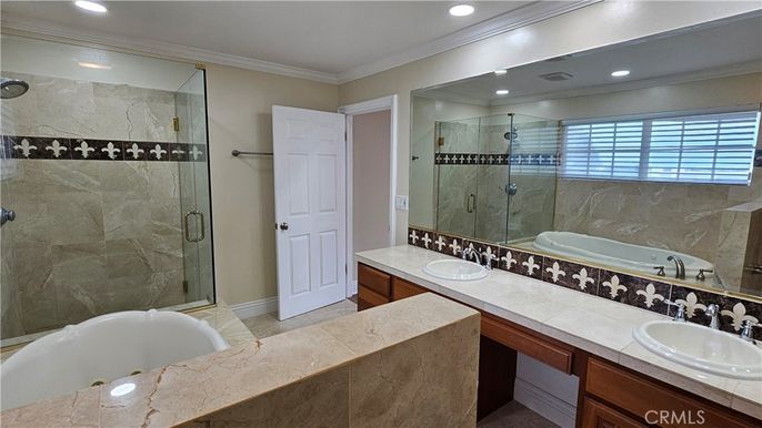 Bathroom, Dual Sink Vanities, Glass Shower, Interior, Recessed Lighting, Tile Countertops