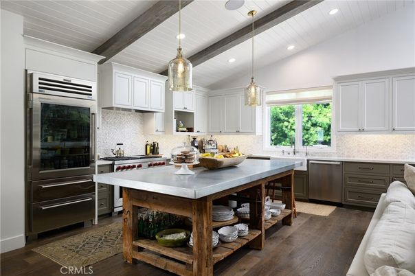 Interior, Kitchen, Pendant Lights, Recessed Lighting, Stainless Steel Appliances, Wooden Beams, Wood Texture Flooring