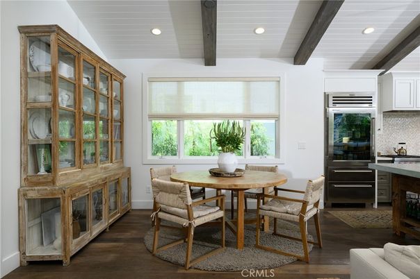 Dining room, Interior, Kitchen, Recessed Lighting, Wooden Beams, Wood Texture Flooring