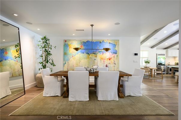 Dining room, Interior, Pendant Lights, Recessed Lighting, Wood Texture Flooring