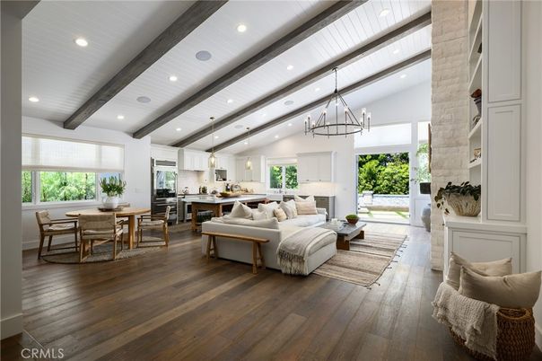 Chandelier, Dining room, Interior, Kitchen, Living room, Pendant Lights, Recessed Lighting, Wooden Beams, Wood Texture Flooring