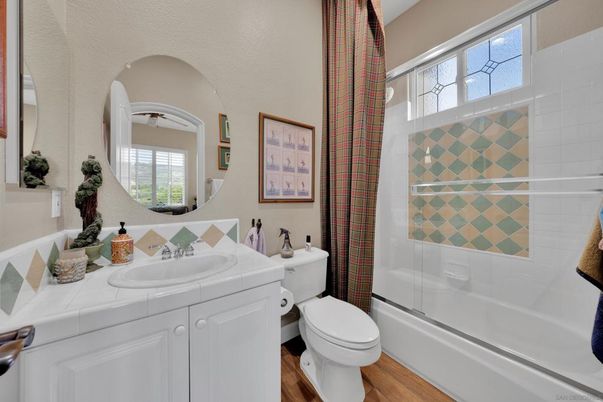 Bathroom, Glass Shower, Interior, Tile Countertops, Wood Texture Flooring
