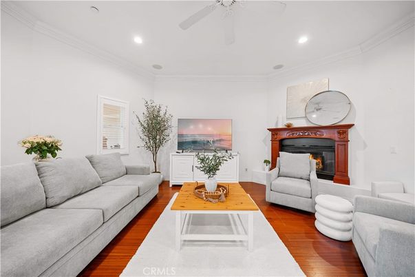 Fireplace, Interior, Living room, Recessed Lighting, Wood Texture Flooring