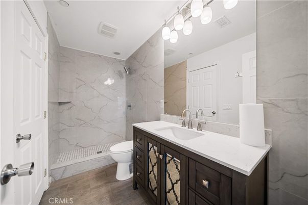 Bathroom, Interior, Marble Walls, Wood Texture Flooring