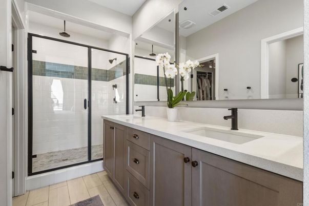 Bathroom, Dual Sink Vanities, Glass Shower, Interior, Wood Texture Flooring