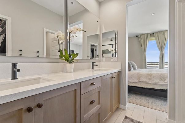 Bathroom, Bedroom, Dual Sink Vanities, Interior, Recessed Lighting, Wood Texture Flooring