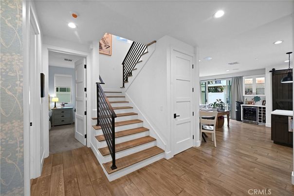 Dining room, Interior, Pendant Lights, Recessed Lighting, Wood Texture Flooring