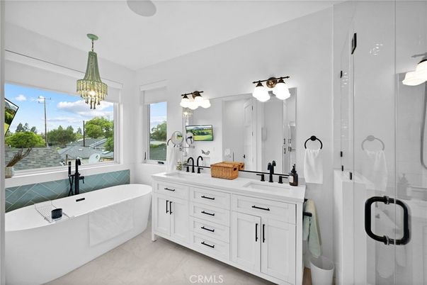 Bathroom, Dual Sink Vanities, Free Standing Baths, Glass Shower, Interior, Pendant Lights