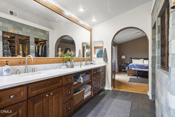 Bathroom, Bedroom, Dual Sink Vanities, Interior, Recessed Lighting, Wood Texture Flooring
