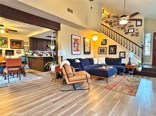 Dining room, Interior, Kitchen, Living room, Pendant Lights, Wood Texture Flooring
