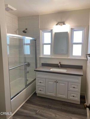 Bathroom, Glass Shower, Interior, Wood Texture Flooring