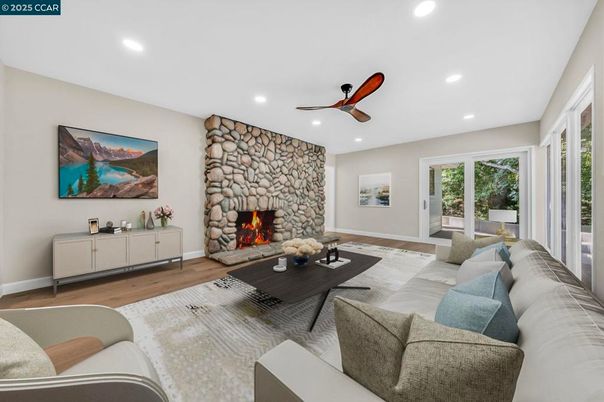 Fireplace, Interior, Living room, Recessed Lighting, Stone Walls, Wood Texture Flooring