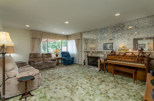 Fireplace, Interior, Living room, Piano, Recessed Lighting, Stone Walls