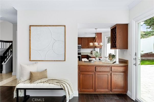 Chandelier, Interior, Kitchen, Stainless Steel Appliances, Wood Texture Flooring