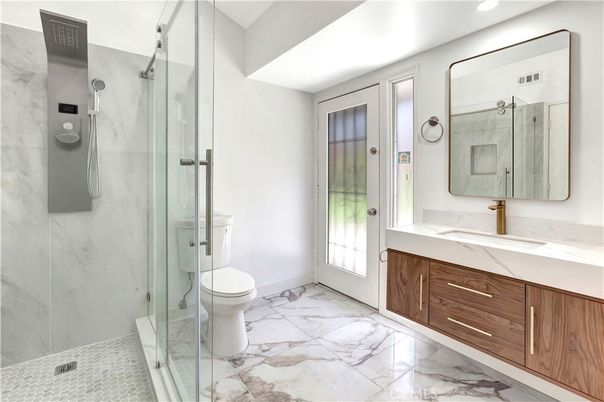 Bathroom, Glass Shower, Interior, Marble, Marble Walls, Recessed Lighting