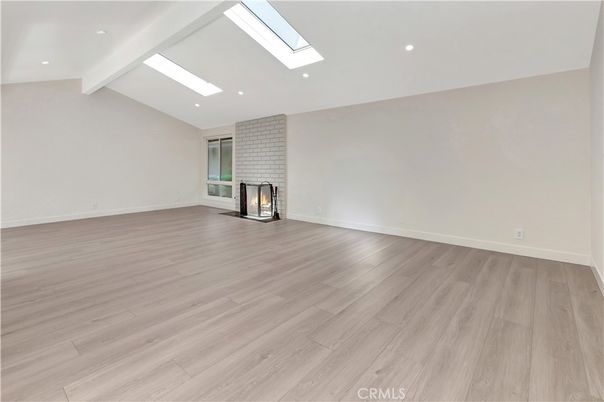 Empty room, Fireplace, Interior, Recessed Lighting, Wood Texture Flooring