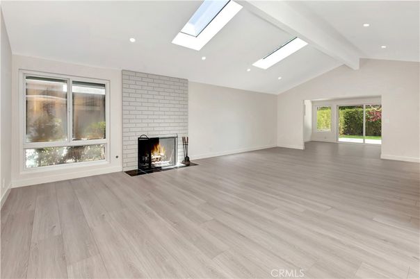 Empty room, Fireplace, Interior, Recessed Lighting, Wood Texture Flooring