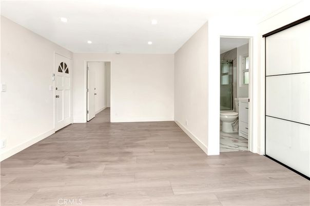 Bathroom, Empty room, Interior, Recessed Lighting, Wood Texture Flooring