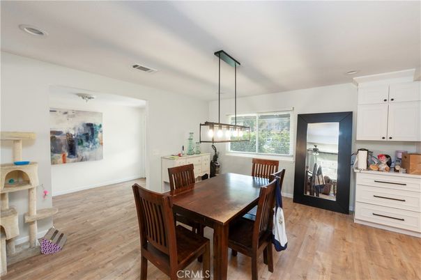 Dining room, Interior, Pendant Lights, Recessed Lighting, Wood Texture Flooring