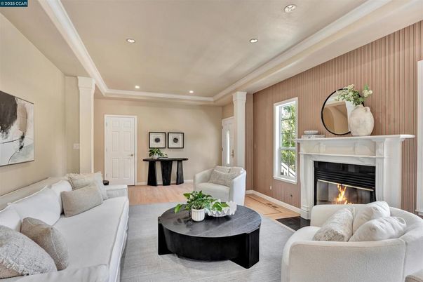 Fireplace, Interior, Living room, Recessed Lighting, Wood Texture Flooring