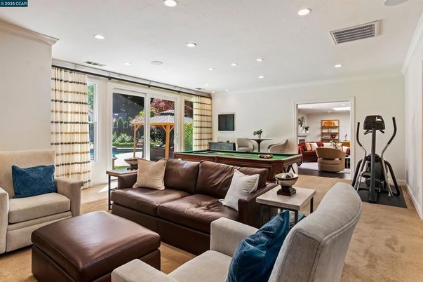 Billiard Table, Fitness Equipment, Game Room, Interior, Living room, Recessed Lighting