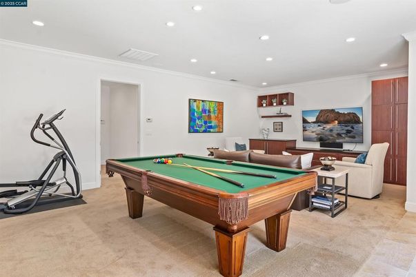 Billiard Table, Fitness Equipment, Game Room, Interior, Living room, Recessed Lighting