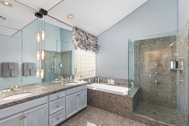 Bathroom, Dual Sink Vanities, Glass Shower, Interior, Pendant Lights, Recessed Lighting