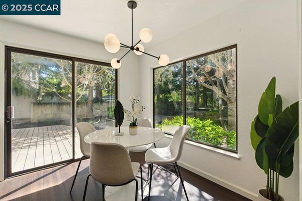 Dining room, Interior, Pendant Lights, Wood Texture Flooring
