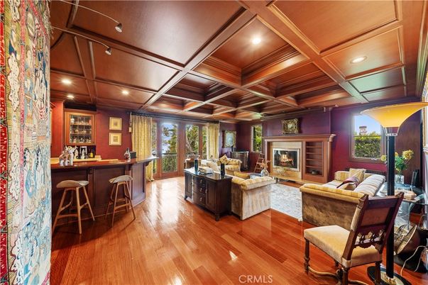 Fireplace, Interior, Living room, Recessed Lighting, Wooden Ceilings, Wood Texture Flooring