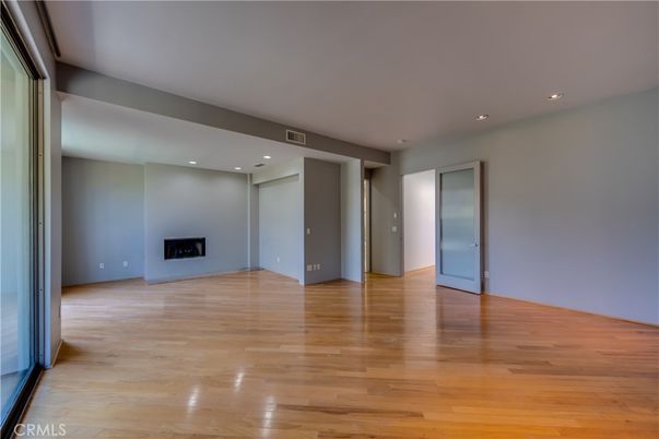 Empty room, Fireplace, Interior, Recessed Lighting, Wood Texture Flooring