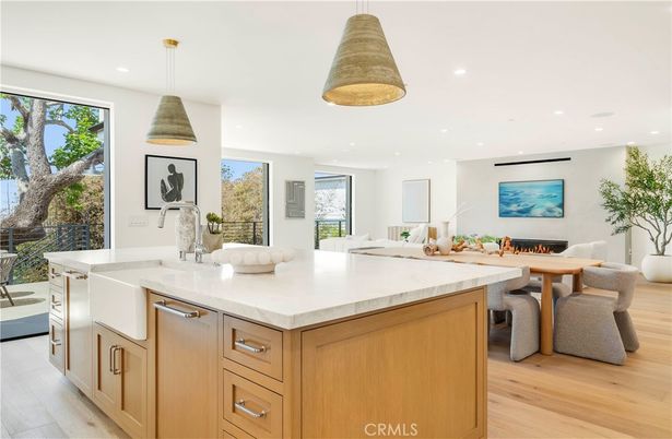 Dining room, Fireplace, Interior, Kitchen, Living room, Pendant Lights, Recessed Lighting, Wood Texture Flooring