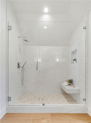 Bathroom, Glass Shower, Interior, Recessed Lighting, Wood Texture Flooring
