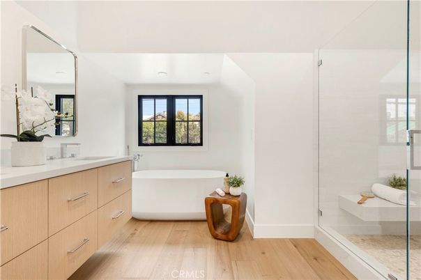 Bathroom, Free Standing Baths, Glass Shower, Interior, Wood Texture Flooring